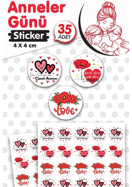Anneler Günü Sticker Etiket 4cm 35 Adet Anneler Günü Hediye Etiketi -T1223
