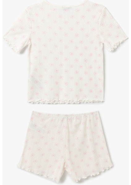 Çiçek Desenli Pamuklu Kısa Kollu Bisiklet Yaka Şortlu Pijama Takımı