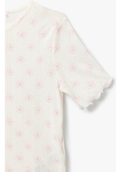 Çiçek Desenli Pamuklu Kısa Kollu Bisiklet Yaka Şortlu Pijama Takımı