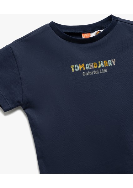 Tom ve Jerry Baskılı Lisanslı Bisiklet Yaka Pamuklu Tişört
