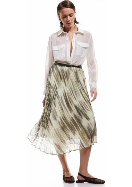 Standart Bel Desenli Midi Boy Kloş Pileli Şifon Etek