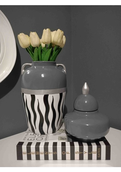Gray, Seramik , El Boyaması Gri, Zebra Desenli Vazo Şah Küp