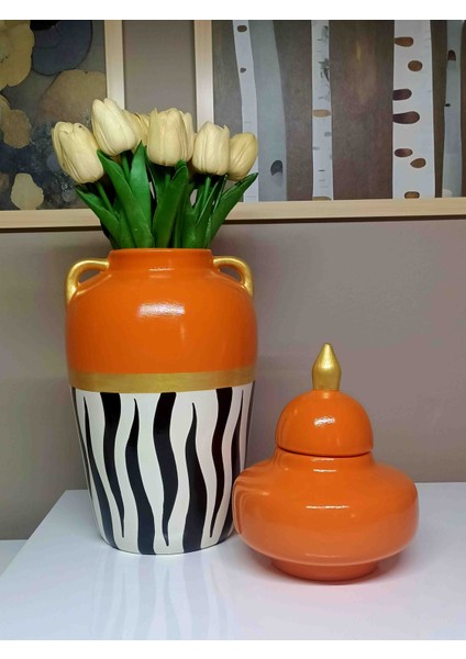Tulle, Seramik El Boyaması Zebra Desenli Turuncu Vazo Şah Küp