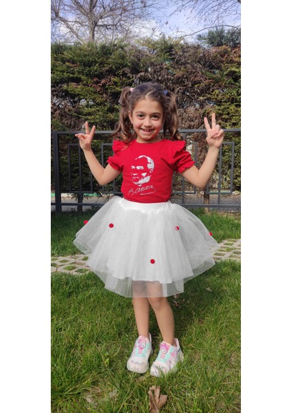 23 Nisan Atatürk Baskılı Omuzu Kolu Fırfırlı Tişört Kız Çocuk - 2-9 Yaş - Kırmızı Gri Simli - 2088 fiyatları