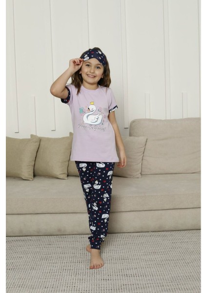 Kapip Lila Kuğu Baskılı Kısa Kollu Kız Çocuk Pijama Takımı 11-15 Yaş 8052-L