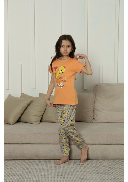Kapip Turuncu Tweety Baskılı Kısa Kollu Kız Çocuk Pijama Takımı 11-15 Yaş 8049-T