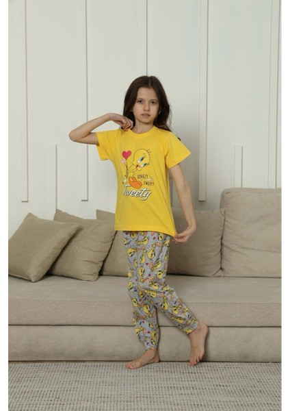 Kapip Sarı Tweety Baskılı Kısa Kollu Kız Çocuk Pijama Takımı 11-15 Yaş 8049-S