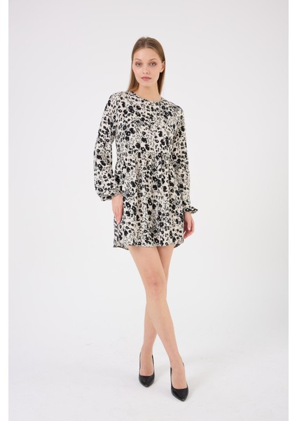 Kadın Bej Bisiklet Yaka Beli Büzgülü Uzun Kollu Midi Boy Emprime Viscon ELBISE4506/90