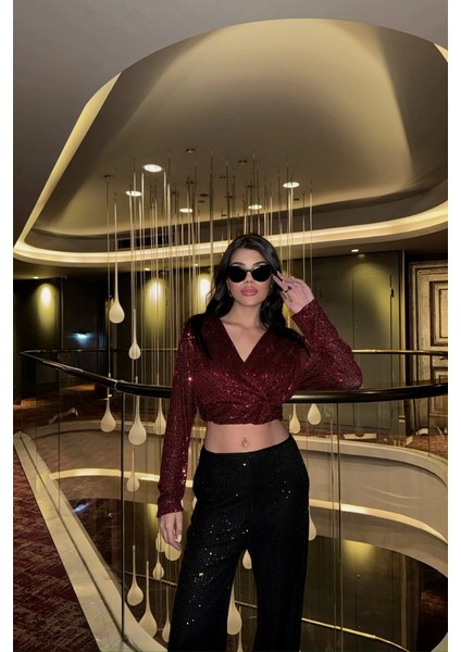 Pullu Crop Kruvaze Bluz - Bordo