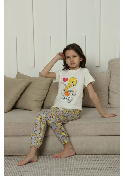 Kapip Ekru Tweety Baskılı Kısa Kollu Kız Çocuk Pijama Takımı 11-15 Yaş 8049-E