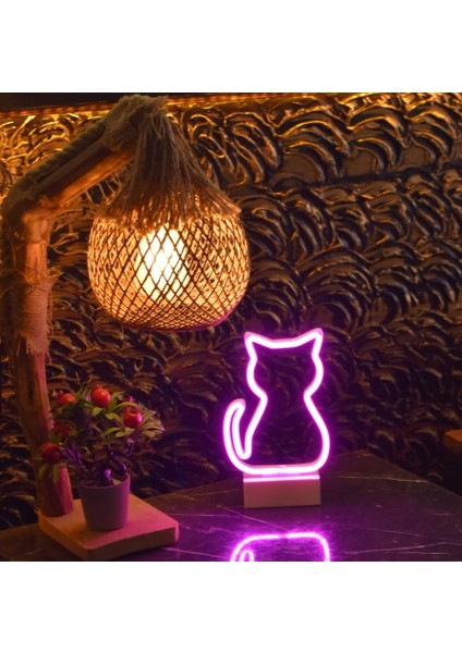 Kedi Neon LED Işıklı Parlaklık Ayarlı Gece Lambası
