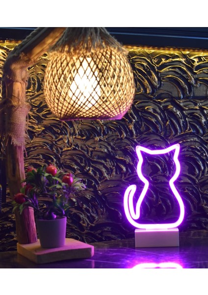 Kedi Neon LED Işıklı Parlaklık Ayarlı Gece Lambası