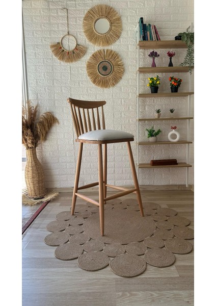 Concept Yıldız Bar Sandalyesi Teddy Krem Kumaş Naturel Ahşap Ada Sandalye Mutfak Sandalyesi