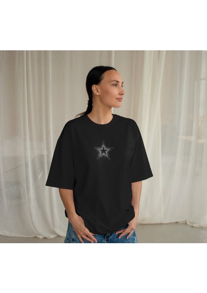 Oversize Kısa Kollu Tişort Kadın Taşlarla Süslenmiş T-Shirt