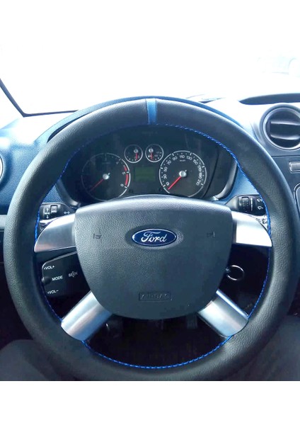 Dikişli Direksiyon Kılıfı Siyah Deri Mavi Yüzük Mavi Dikişli Ford Connect Için