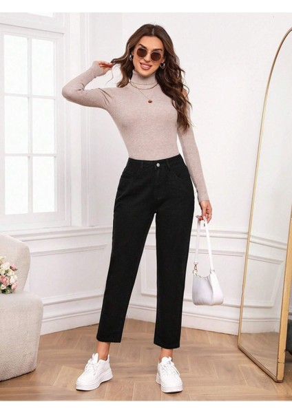Yüksek Bel Mom Jeans Havuç Kesim Kot - siyah