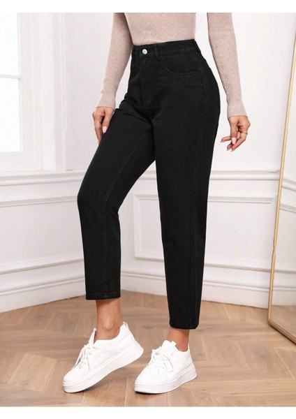 Yüksek Bel Mom Jeans Havuç Kesim Kot - siyah