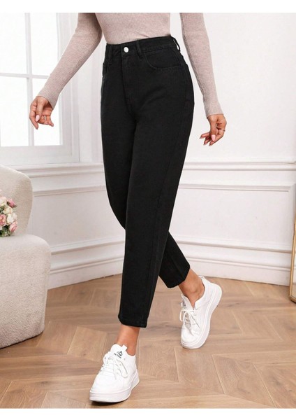 Yüksek Bel Mom Jeans Havuç Kesim Kot - siyah
