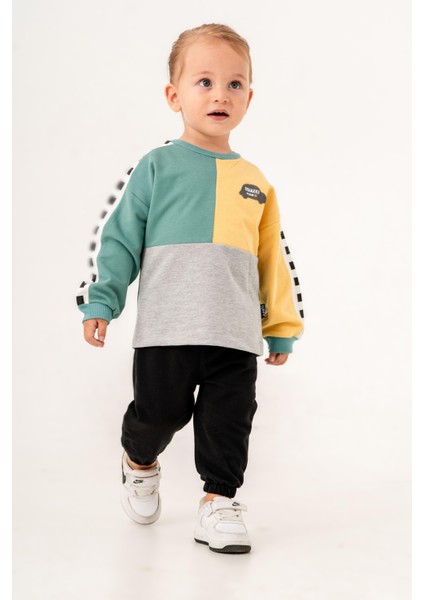 Kışlık Pamuklu Araba Desenli Sweatshirt Eşofman Alt-Üst Takım Erkek Bebek