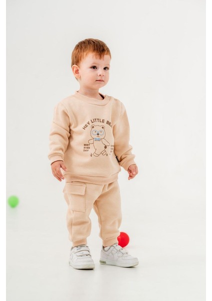 Erkek Bebek Ayıcıklı Desenli Pamuklu 3 Iplik Kışlık Sweatshirt Eşofman Alt-Üst Takım