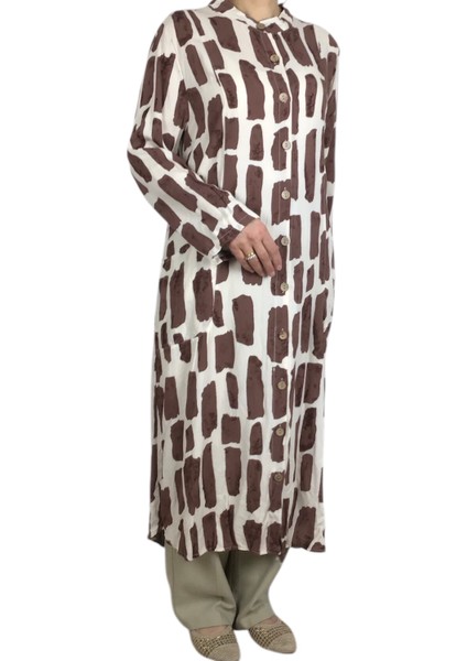 Kadın Önden Düğmeli Cepli Uzun Tunik Gömlek