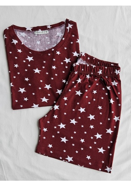 Bordo Yıldızlı Şortlu Pijama Takımı
