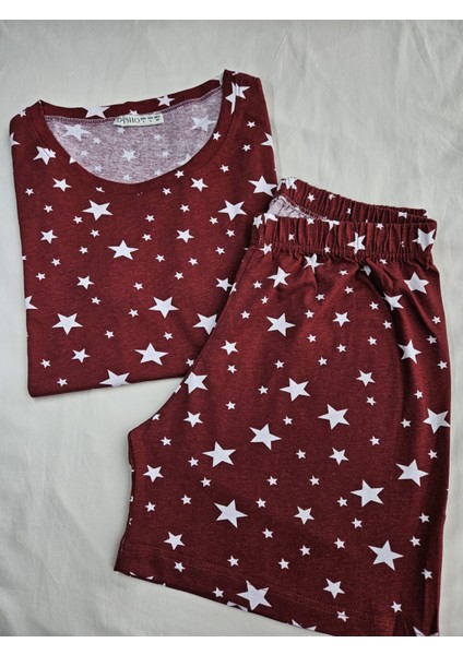 Bordo Yıldızlı Şortlu Pijama Takımı