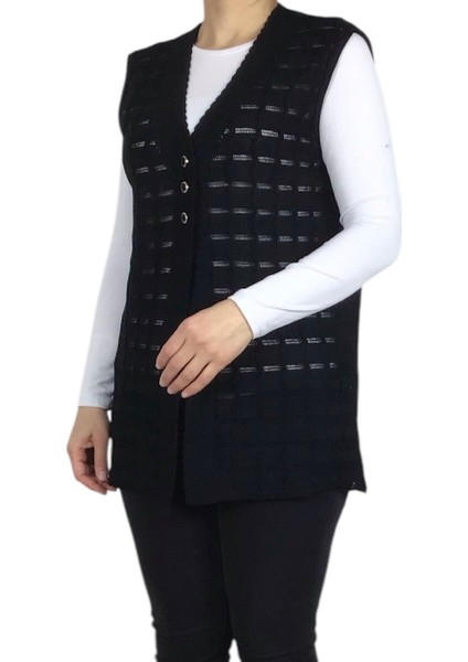 Kadın Önden Üç Düğmeli Ince Spor Kısa Merserize Yelek