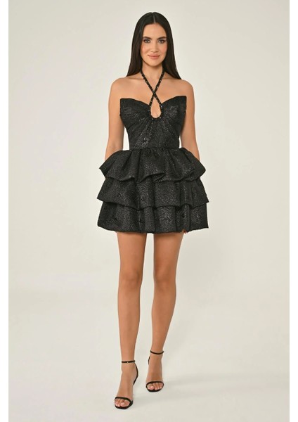 Kadın Abiye Boyundan Çapraz Askılı Jakarkısa Elbise fiyatları