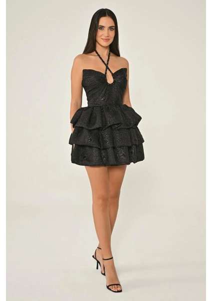 Kadın Abiye Boyundan Çapraz Askılı Jakarkısa Elbise modelleri