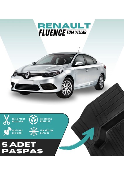 Renault Fluence Tüm Yıllar 5'li Paspas Seti Yüksek Kalite Kesilebilir Universal Oto Paspas