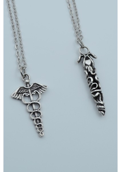 2'li Tıp Sembolü Kadüse Yılan Çubuk Gümüş Kaplama Kolye Seti