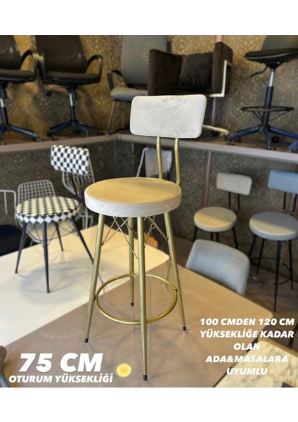 Yeni Mila Bar Sandalyesi Mat(Eskitme) Gold Bej Babyface Kumaş.75 cm Oturum Yüksekliği