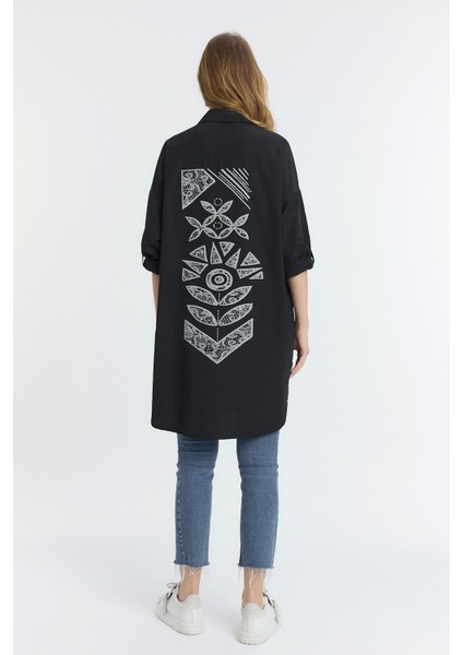 Şili Çiçek Figürlü Oversize Kadın Gömlek-Siyah