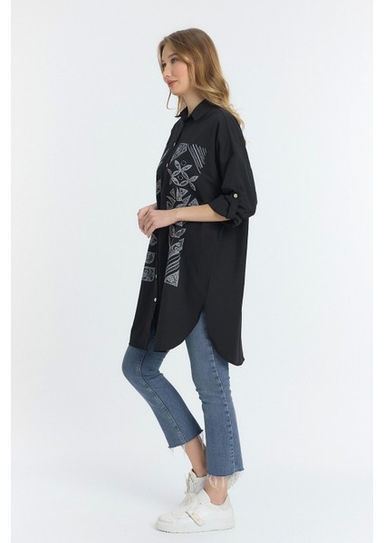 Şili Çiçek Figürlü Oversize Kadın Gömlek-Siyah