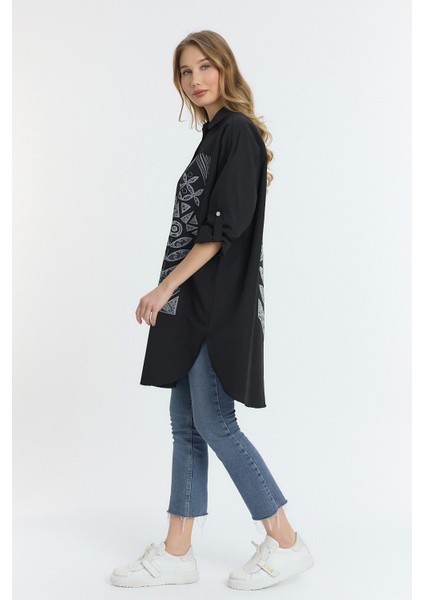 Şili Çiçek Figürlü Oversize Kadın Gömlek-Siyah