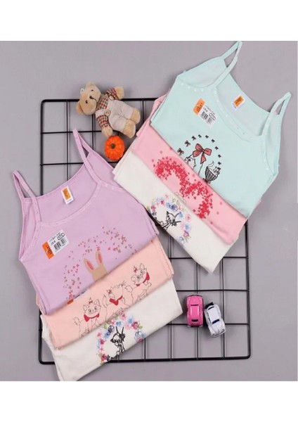 Kız Çocuk Likralı Baskılı Ip Asılı Kız Atlet 6'lı Iç Gıyım Takım