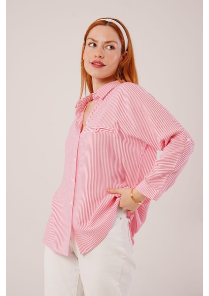 Cep Detay Çizgili Oversize Pembe Gömlek