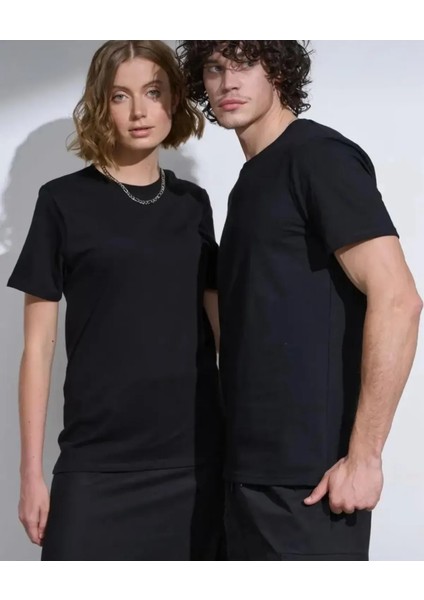 Unisex Oversize Geniş Kesim %100 Pamuk Yumuşak Dokulu Basic Bisiklet Yaka Siyah Tişört