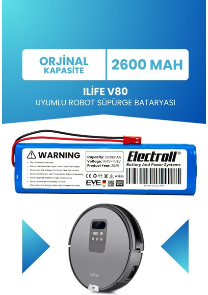 Ilife V80 Uyumlu Batarya (Orjinal Kapasite) 2600MAH Pil Robot Süpürge Batarya Değişimi