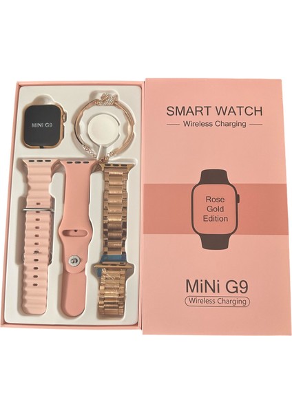 Mini G9 41 mm Gold Rose Kadın Akıllı Saat 3 Kordonlu Kuğu Taşlı Bileklikli Süper Watch