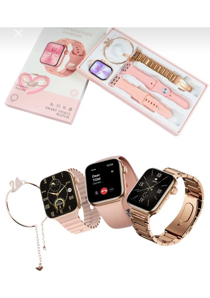 Mini G9 41 mm Gold Rose Kadın Akıllı Saat 3 Kordonlu Kuğu Taşlı Bileklikli Süper Watch modelleri