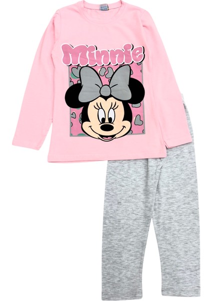 Kız Çocuk Pamuklu Pembe-Gri Renk Minnie Desenli Taytlı Takım
