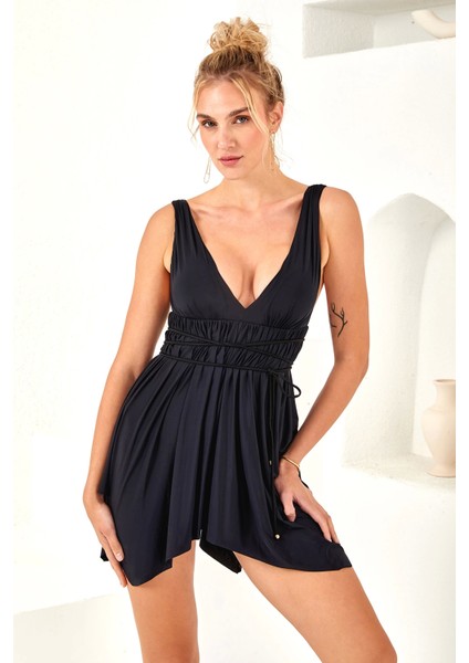 Lapıeno 3580 V Yaka Belden Bağlamalı Elbise Mayo