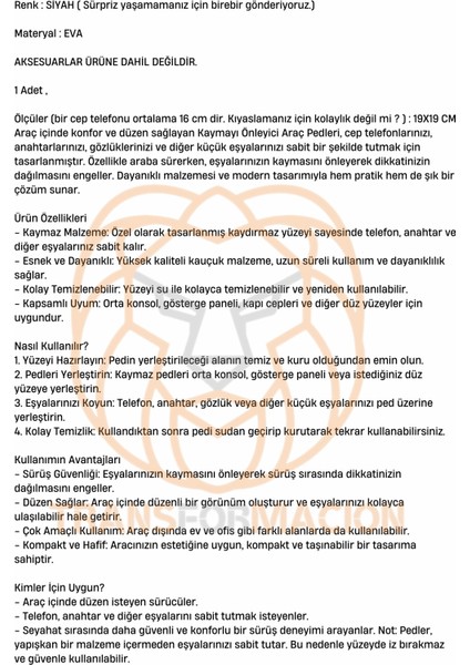 Araç Torpido Üzerine Kaydırmaz Ped