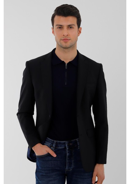 Lacivert Mono Yaka 2 Düğme Çift Yırtmaç Ceket