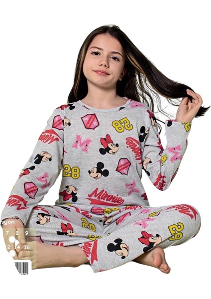 Kız Çocuk Pamuklu Mevsimlik Gri Renk Uzun Kollu Pijama Takımı
