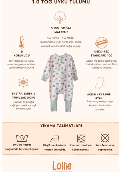 Bebek Çocuk Uyku Tulumu 1.0 Tog, Modal & Pamuk -- Safari Hayvanları