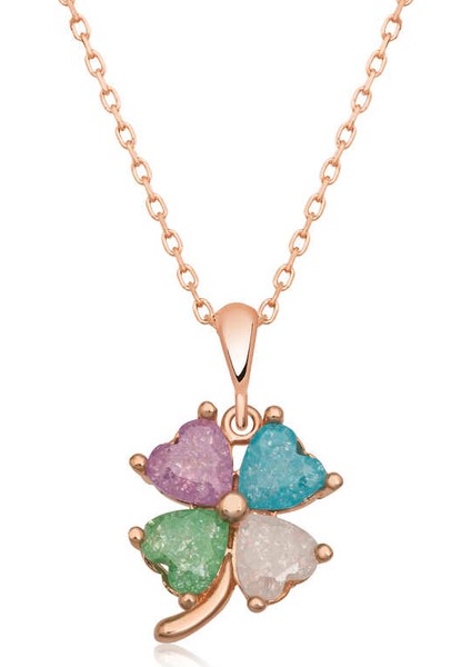 925 Ayar Gümüş Rose Renkli Taşlı Yonca Kadın Gümüş Kolye