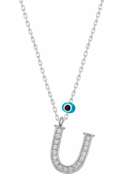 925 Ayar Gümüş Nazar Rodyum U Harfi Kadın Gümüş Kolye